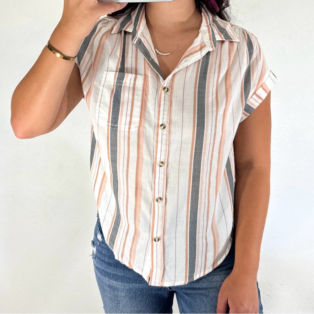 Pink, white, orange, and gray striped button down short sleeve top